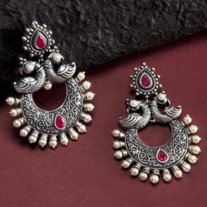 Silver Toned Faux Ruby Studded Oxidised Peacock Chandbali Earrings - Silver