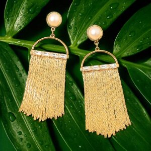 18K Gold Plated Statement Mesh Tassel Dangle Earring with Pearl & Crystal Detailing