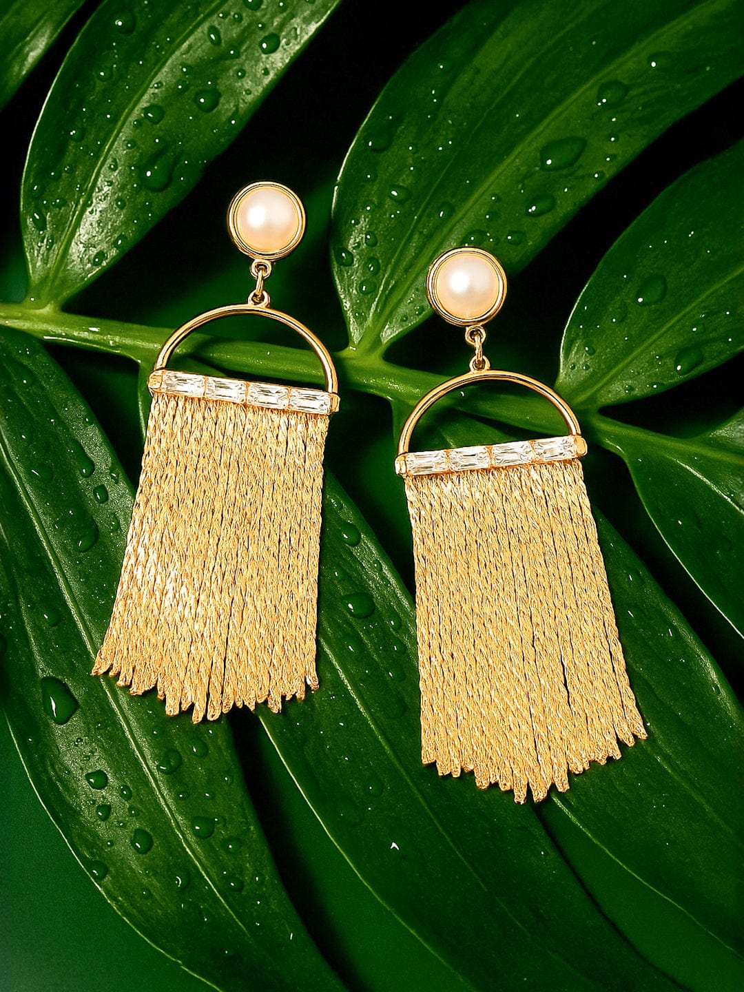18K Gold Plated Statement Mesh Tassel Dangle Earring with Pearl & Crystal Detailing