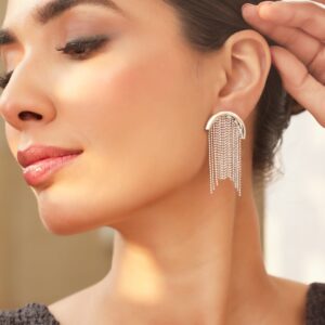Rhodium-Plated Half-Moon Tassel Earrings with Statement Chains