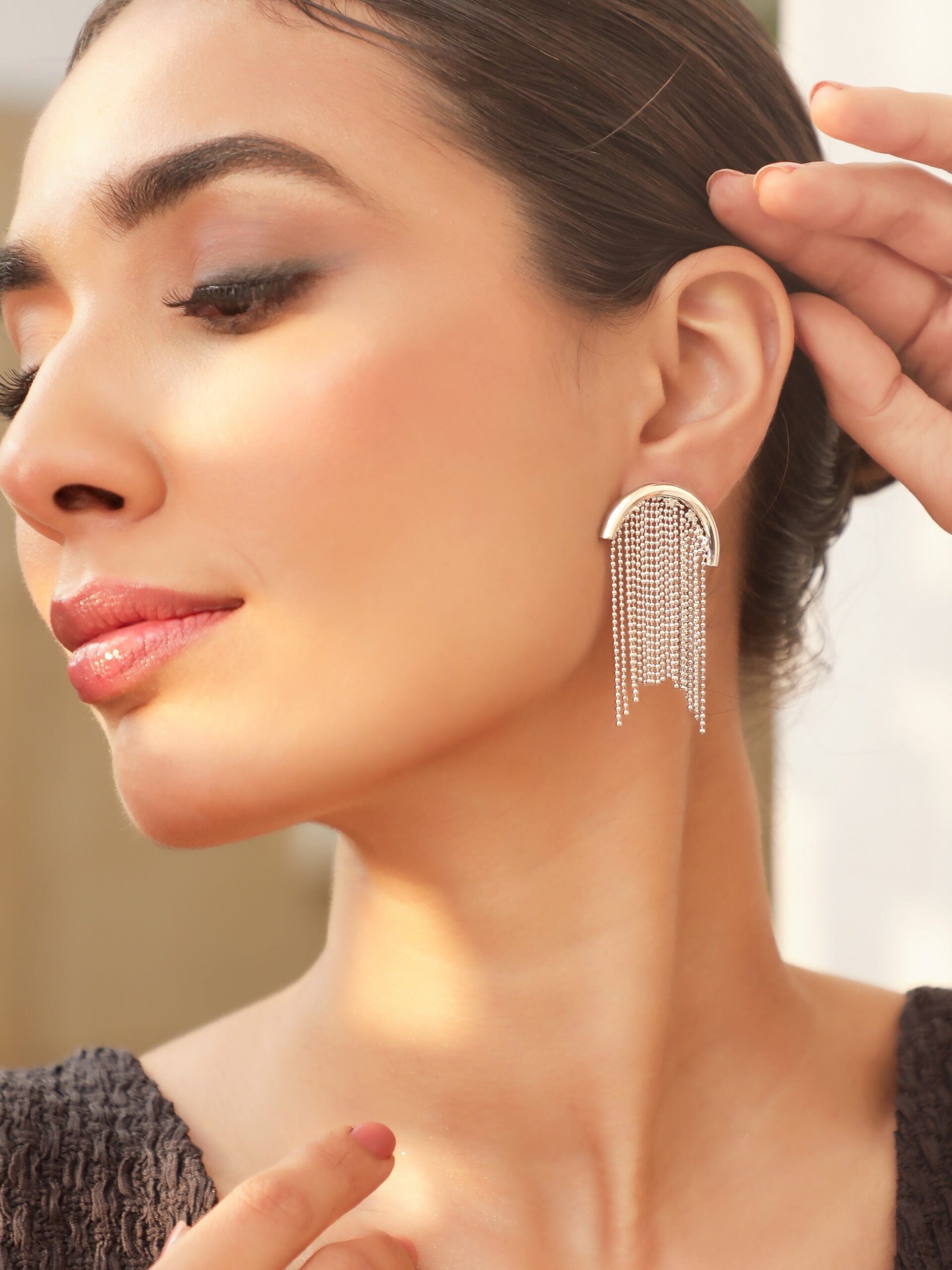 Rhodium-Plated Half-Moon Tassel Earrings with Statement Chains