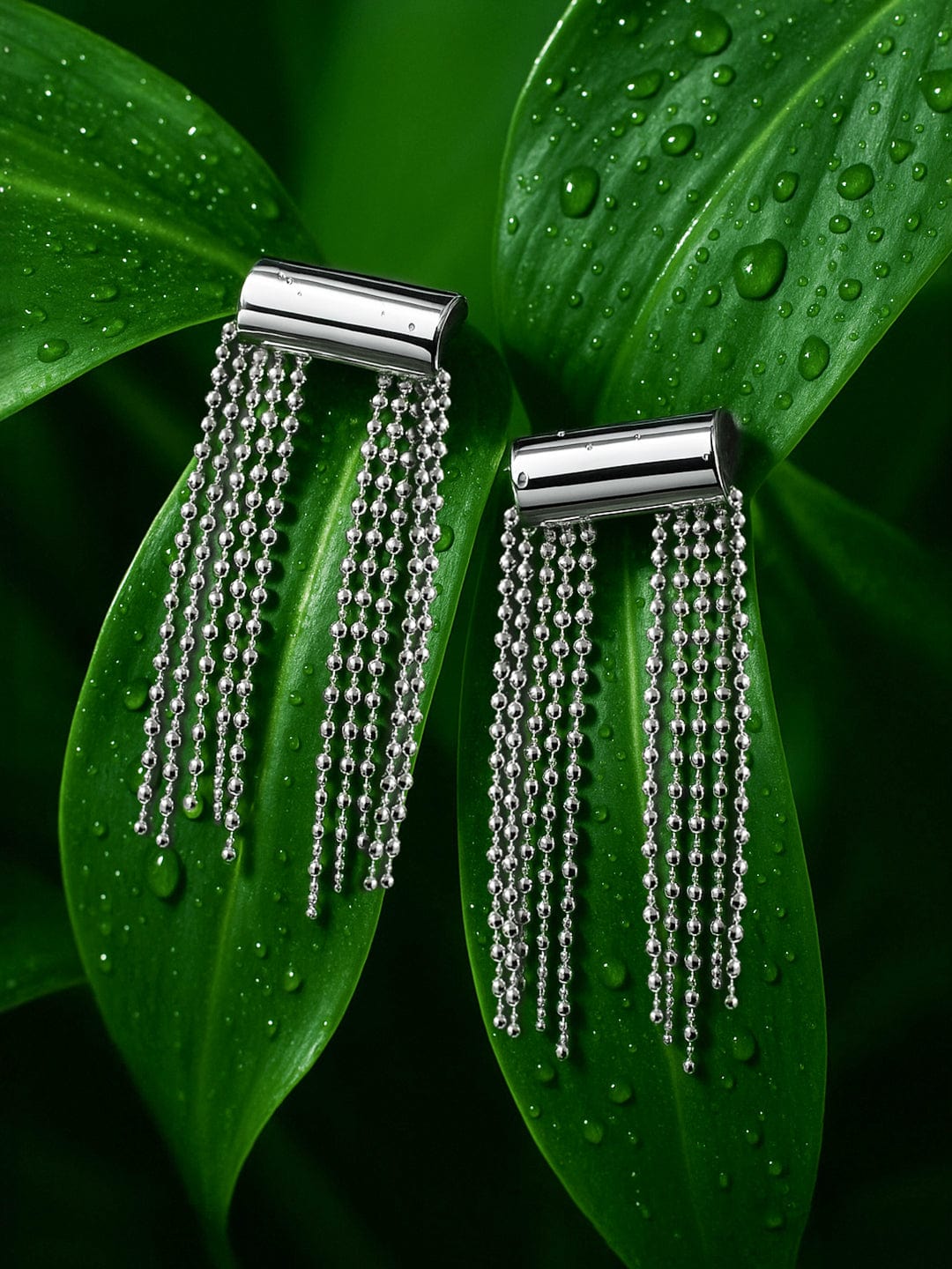 Rhodium-Plated Long Tassel Drop Earrings with Sleek Chain Design