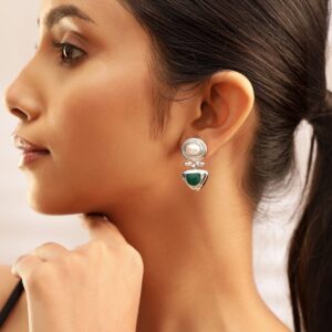 Rhodium-Plated Statement Stud Earrings with Green Stone & Pearl Detailing