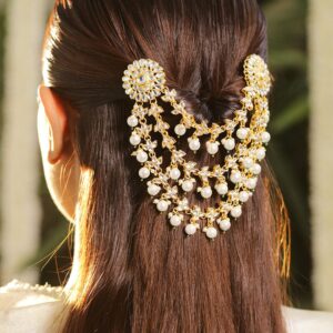 22K Gold-Plated Kundan & Pearl Beads Multilayer Floral Hair Accessory with Stone Detailing