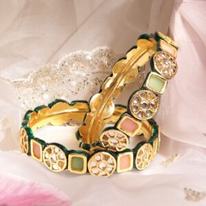 Set of 2, 22K Gold plated Kundan crystal with pastel beaded handcrafted regal statement bangle - 2.8.