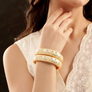 "Set of 2, 22K Gold plated Pastel enamel & Kundan studded Statement bangles - 2.4