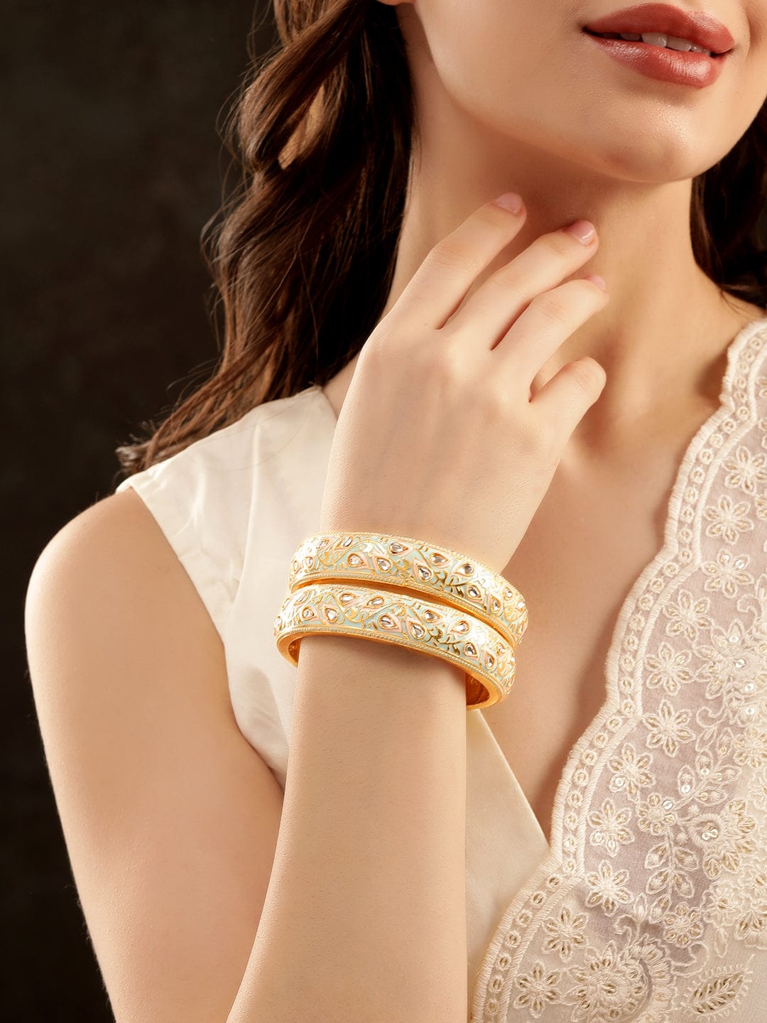 "Set of 2, 22K Gold plated Pastel enamel & Kundan studded Statement bangles - 2.4