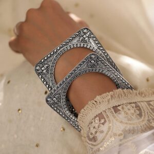 Set of 2 Silver Plated Square Shaped Oxidized Handcrafted Bangles - 2.6