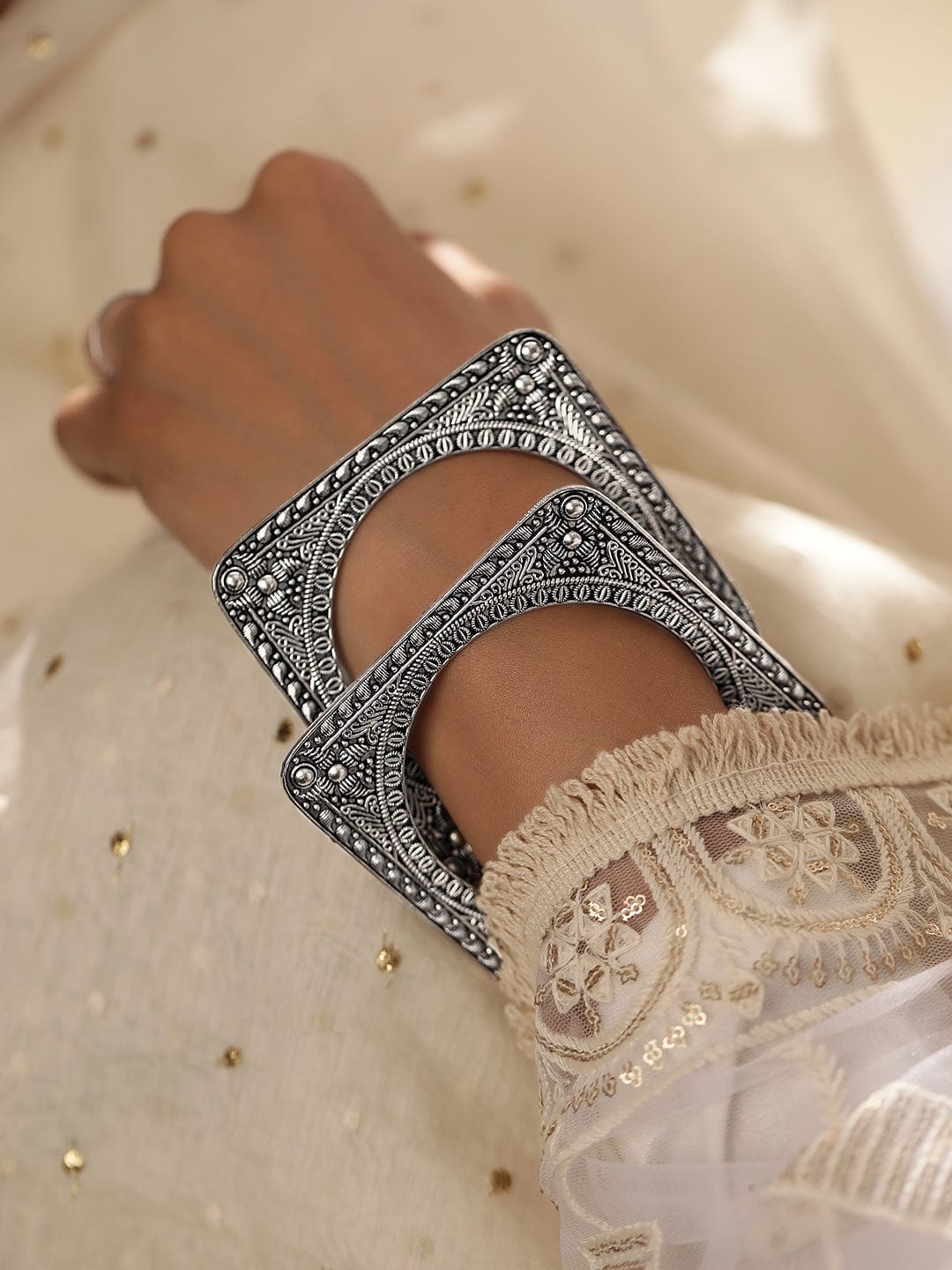Set of 2 Silver Plated Square Shaped Oxidized Handcrafted Bangles - 2.8