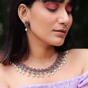 Oxidised Silver Plated Faux Ruby Floral Necklace Set - Pink