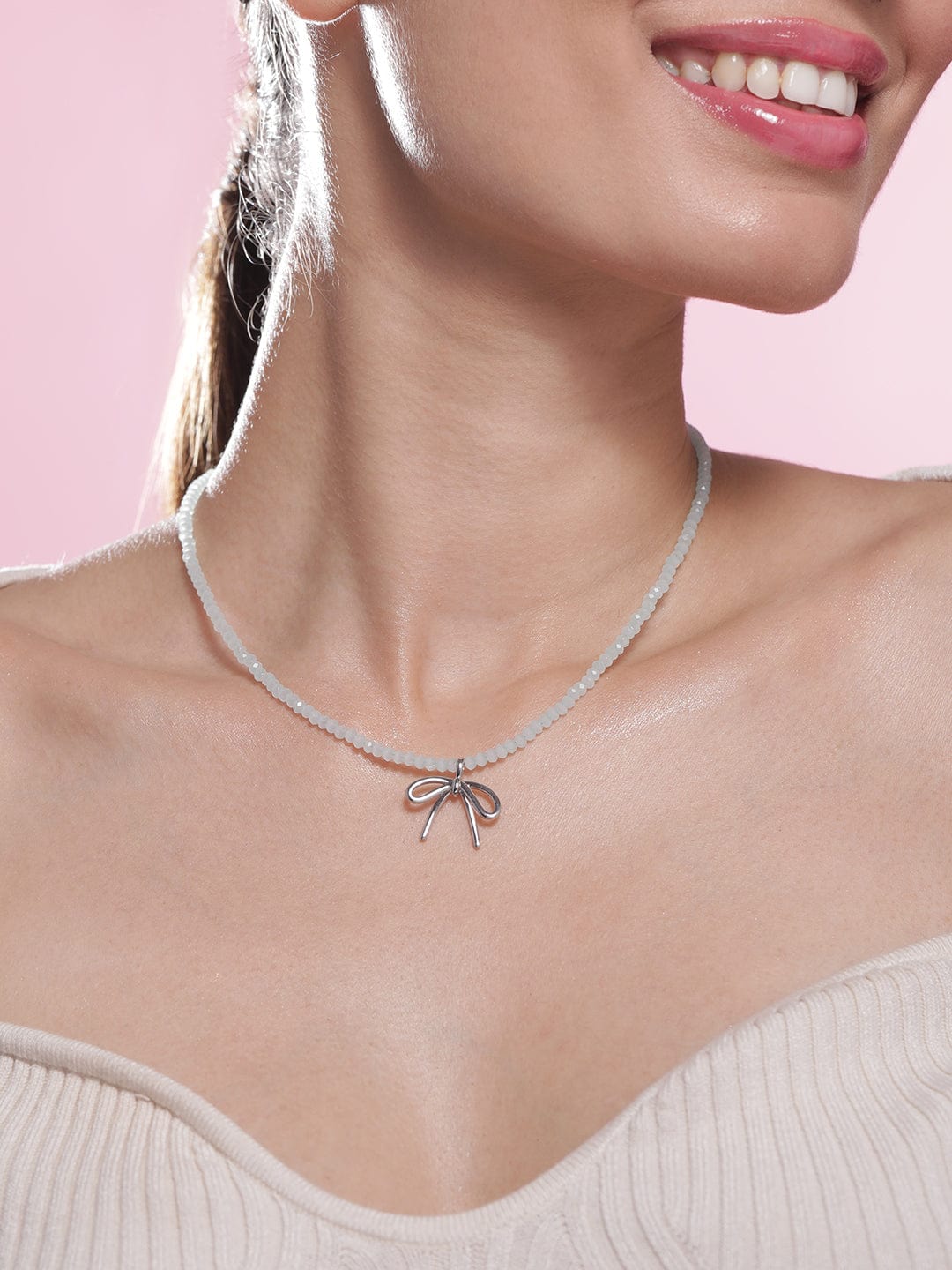 Rhodium Plated Minimalist White Beaded Necklace with Silver Bow Charm - Silver