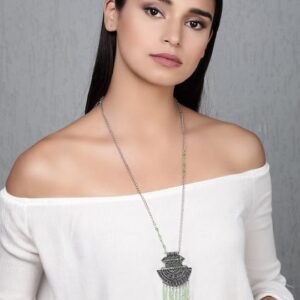 Oxidized Silver Green Crystal Tassel Necklace - Green::Silver