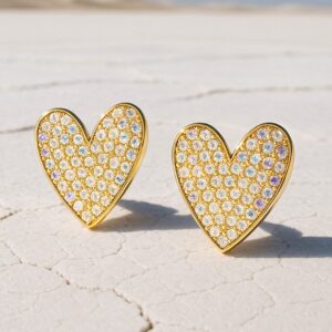 18K Gold Toned White Zircons Studded Heart Stud Earring - Gold