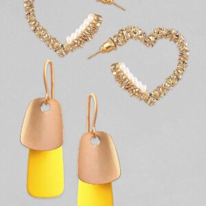 Set of 2 Gold Plated Heart Shaped & Drop Earrings. - Gold